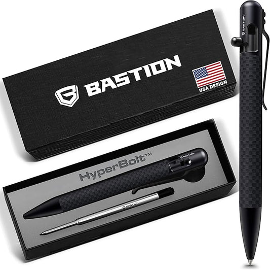BASTION® Luxury Carbon Fiber Bolt Action Pen Durable Professional Ballpoint Pen for Travel, School and Work Birthday Gift Idea - Black Stainless Steel