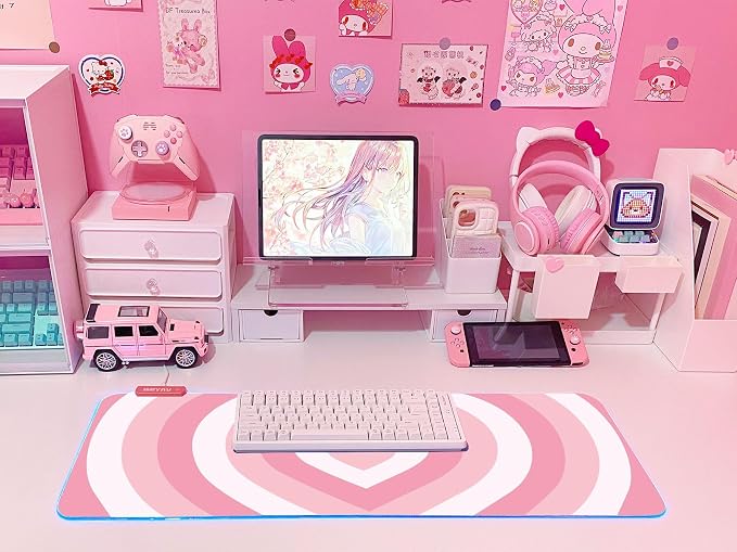 JMIYAV Pink Love Heart RGB Gaming Mouse Pad 31.5x12 Inch Cute Mousepad PC XL Large Extended Glowing Led Light Up Desk Pad Non-Slip Rubber Base Computer Mat Desk Accessories Gaming Setup