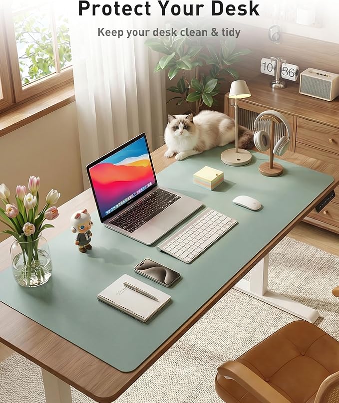 Aothia Faux Leather Desk Mat - Large Mouse Pad, Non-Slip PU Leather Blotter, Waterproof Writing Surface for Office and Home (Light Blue, 42" x 17")