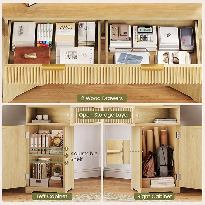 SEDETA Computer Desk with 2 Drawers, Small Diamond Office Desk with Storage Cabinet for Small Space, Gaming Desk with LED Lights & Power Strip for Home Office, Oak