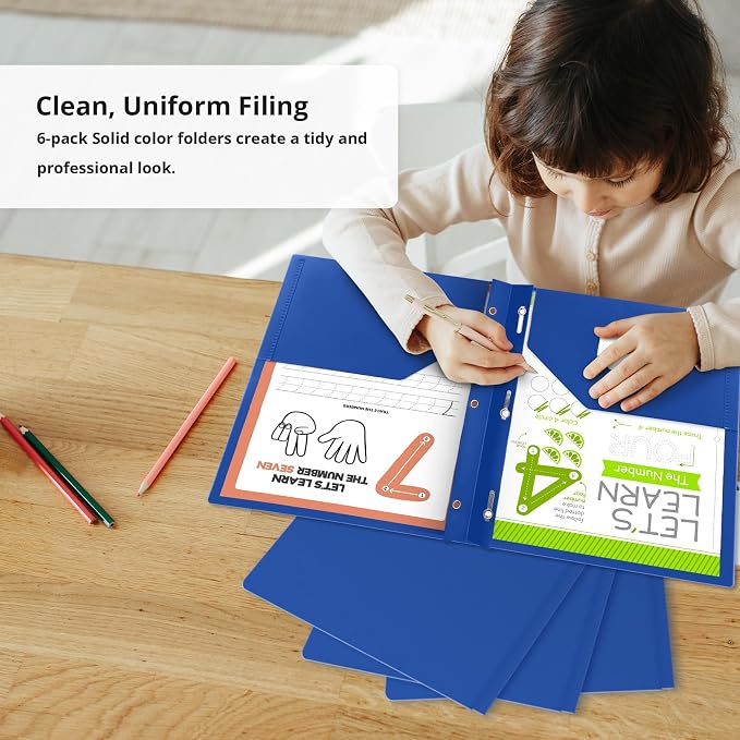 Taja Plastic Folders with Pockets and Prongs (6 Pack, Blue), 2-Pocket Poly Folders with 3 Hole Punch and Business Card Slot, Fits Letter Size Paper, for School, Office, or Home Use