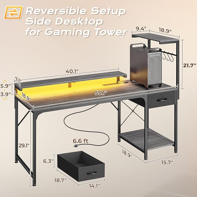 55.1 Inch Gaming Desk with LED Lights & Power Outlets | Computer Desk with Drawer & Storage Shelves, Office Writing Desk with Monitor Stand for Work from Home, Grey