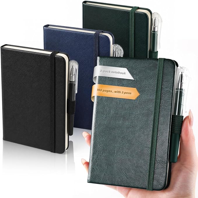 AISBUGUR Small Notebook Journal - 3 Pack Total 480 Pages - Pocket Notebooks with Pens for Work - 3.7" x 5.7" A6 Notebook - Hardcover Mini Notebooks