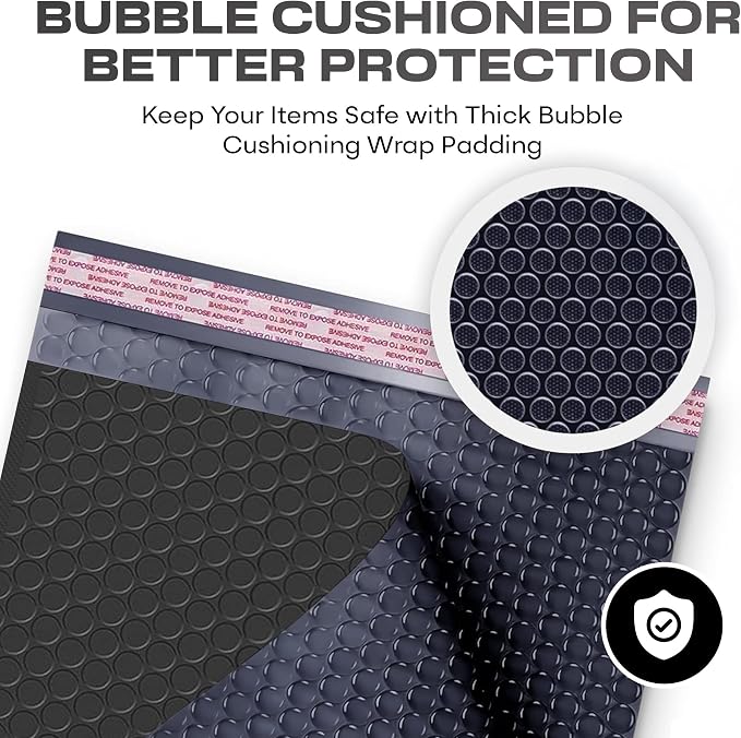 Jet Black Bubble Mailers 8.5x12, Poly Padded Envelopes #2, 200 Pack | Fits 8.5x11 Documents & Photos, Self-Seal Closure, Cushioned Protection, Water-Resistant Poly, Bulk Pack for Small Business