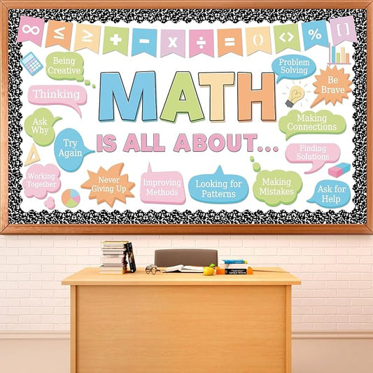 Pastel Composition Notebook Math Bulletin Board Set Mathematics Classroom Decor Math is All About Motivational Paper Cutouts for Back to School Chalkboard Wall Supply
