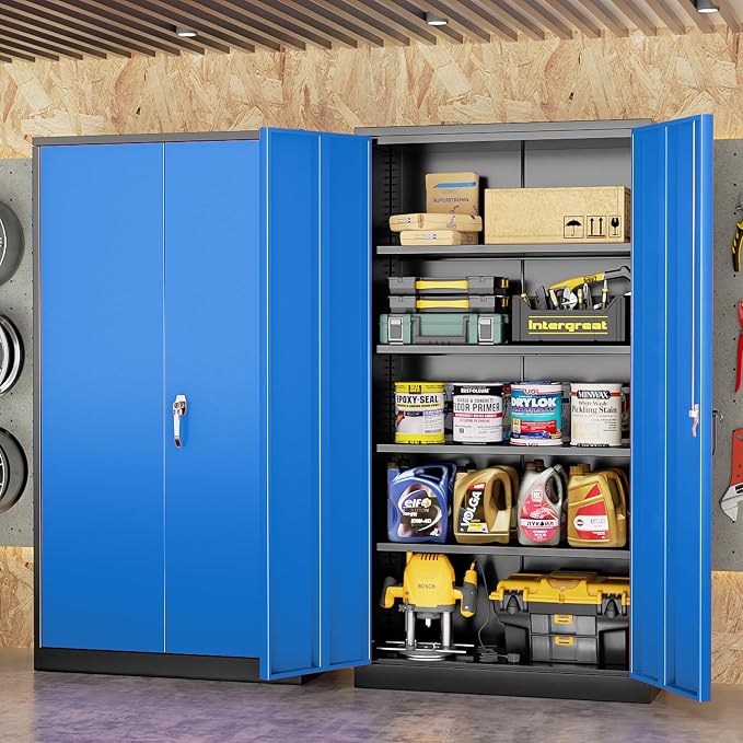 Metal Storage Cabinet with Lock, 72" H Garage Cabinets with Doors and Adjustable Shelves, Lockable Metal Cabinets for Garage, Home, Office(Black-Blue)