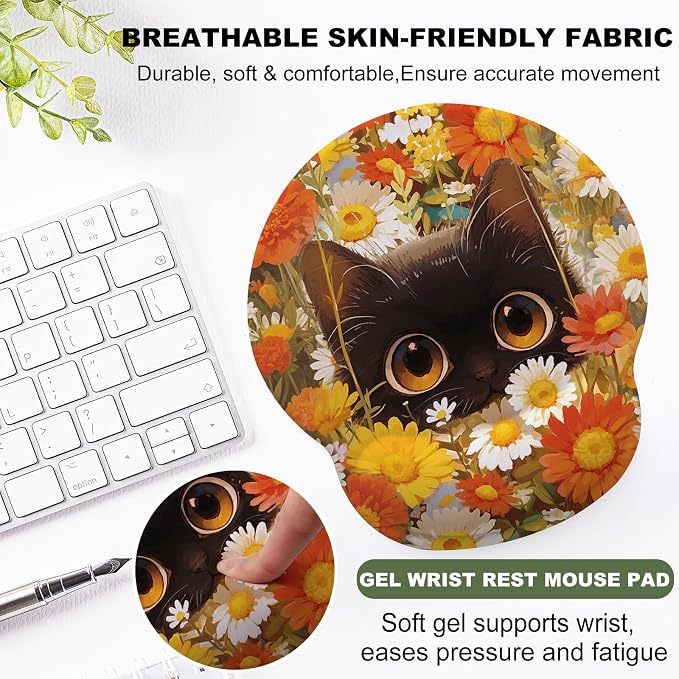Cute Black cat Mouse Pad with Gel Wrist Support, Smooth Surface Ergonomic Mouse pad, Non-Slip Pain Relief Desk Mat for Gaming, Work & Office Desktop 2