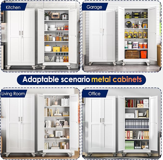 erosoei 71" H Metal Garage Storage Cabinet, Rolling Tool Cabinet with 2 Doors and Wheels, Locker Steel Cabinet with 4 Adjustable Shelves, Organization Cabinet for Garage,Office,Home,Gym,School（White）