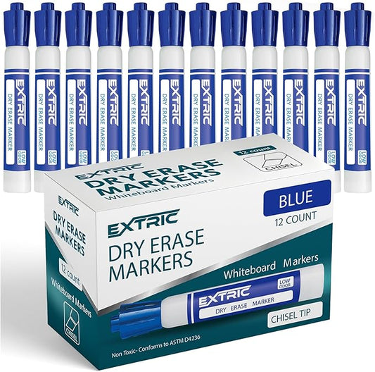 EXTRIC Blue Dry Erase Markers, 12 Count Whiteboard Markers Chisel Tip, White Board Marker Dry Erase, Low Odor Chisel Tip Erasable Markers