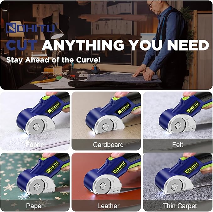 Electric Box Cutter: 4V Rechargeable Rotary Cardboard Cutter, 3000mAh Battery, with LED Light & Safety Lock, 2 Blades, Cordless Electric Scissors for Fabric Carpet Carton Plastic Leather Cloth (Blue)