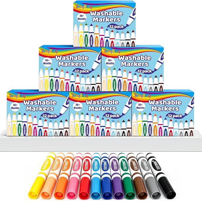 Washable Markers Bulk (72 Count, 6 Box), Broad Line Markers for Kids with Conical Tip, Assorted Colors, Drawing Essentials for School Classroom, Student Must Have for Coloring Book, Art Craft Supplies