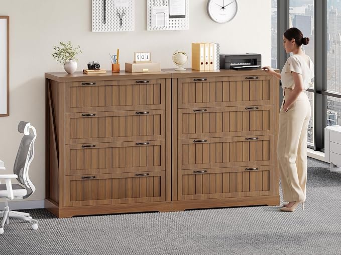 SEDETA Farmhouse 4 Drawer File Cabinet, Filing Cabinet for Home Office, Wood Office File Cabinets for Letter/Legal/A4 Size, File Cabinet Organizer with Printer Stand for Study Room, Living Room, Brown