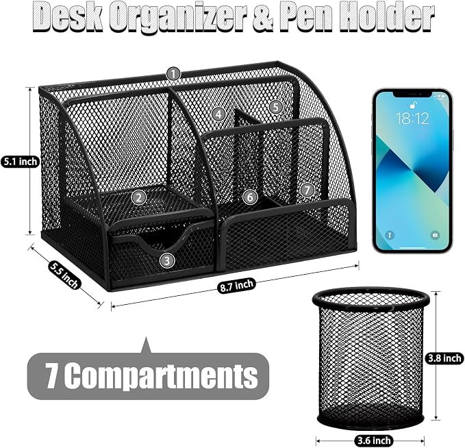 13-in-1 Office Desk Organizer Set for Back to School Supplies Accessories | Organizer Set with Stapler and Tape Dispenser, Pen Holder, Scissors, Ruler, Hole Punch, 2 Pens & More Desk Supplies