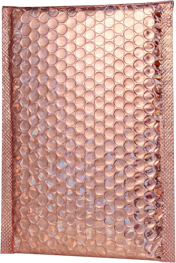 SINJEUN 50 Pieces 6 x 10 Inch Holographic Bubble Mailers, Rose Gold Metallic Padded Bubble Mailers, Glamour Self Sealing Cushion Envelopes for Mailing, Shipping and Packing