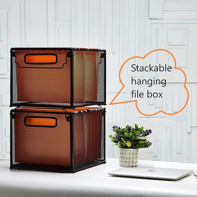 SETTFRFE Letter Size Metal Hanging File Folder Organizer Crate Basket,Black | Mesh File Folder Holder & Filing Box with Handle,Stackable Rack for Office Supplies,Teacher Classroom & Home