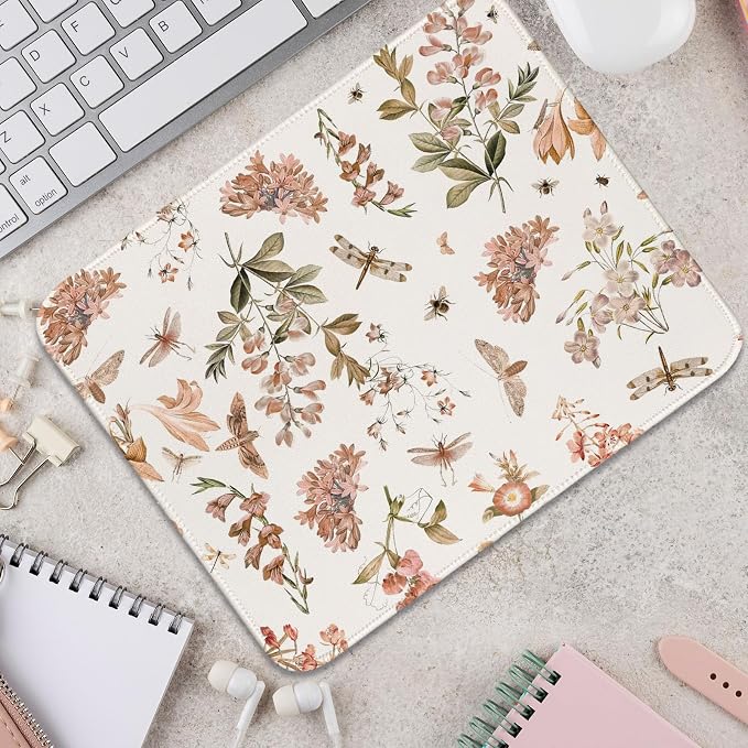 Floral Fall Mouse Pad Brown Red Boho Small Mousepad, Autumn Insect Mouse Pads for Laptop Desk, Flower Cute Mouse Pad for Computers Aesthetic Fall Office Desk Accessories for Women 11.8x9.8