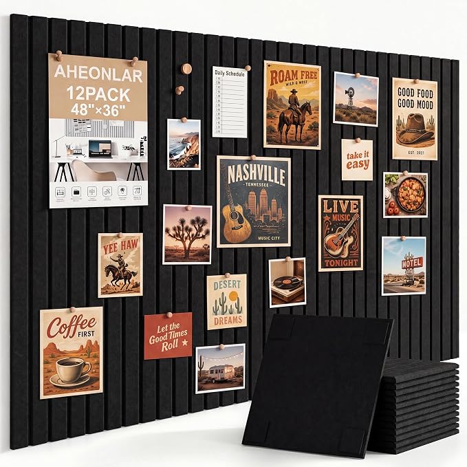 Felt Bulletin Board 48" x 36", Cork Boards for Walls, 12 Pack Bulletin Board Large Cork Board for Office, Felt Boards with 70 Safe Removable Adhesive Tabs Wall Decor for Home(Black)