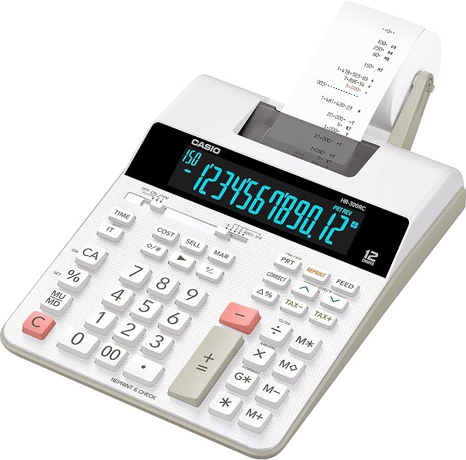Casio HR-300RC Printing Calculator, Backlit LCD Display | Cost/sell/margin, tax & time functions, re-print, 150-step check; personal/business use