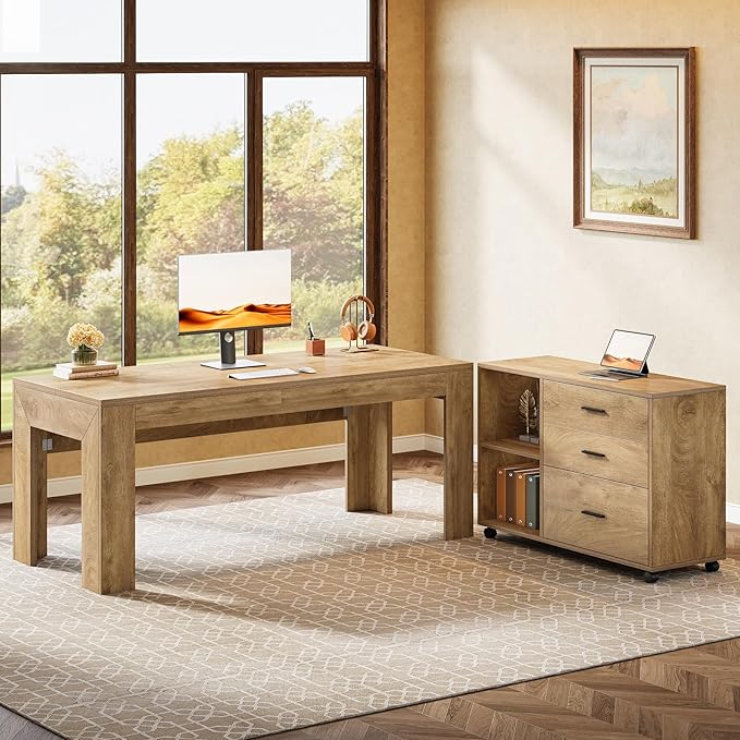 Tribesigns 63" L Shaped Desk with Storage, Executive Office Desk with Mobile Lateral File Cabinet Combo, Large Computer Table with Drawers and Shelves, Business Furniture Set for Home Office, Brown