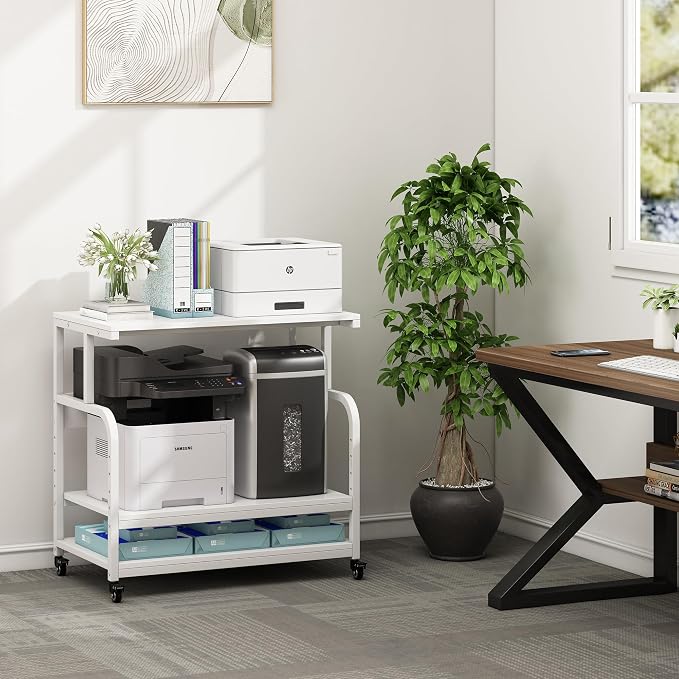 Fannova 32.3"x18.9"x32.1" Extra Large White Printer Stand with Storage | Height Adjustable Middle Shelf, 3 Tier Wide Printer Table with Industrial Wheels, Heavy Duty Rolling Cart for Home Office