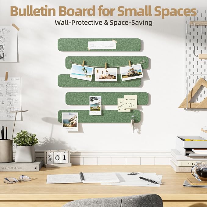 10 Pack 13"x2" Cork Board Strip with Removable Adhesive Squares & Push Pins | Pin Board Alternative Felt Strip Bulletin Board, Felt Board for Photo & Note Display, Home Office Decor - Moss Green