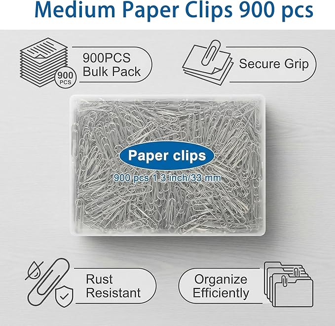 900 Pcs Medium Paper Clips, 1.3 Inch Paper Clips Medium for Office Mate Filing, Paperwork, School and Teacher Supplies