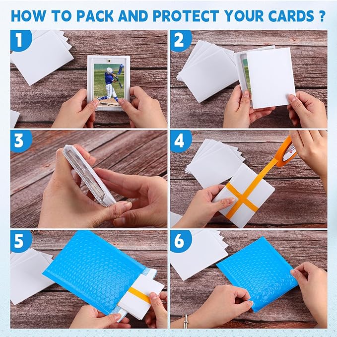 302 Pcs Trading Card Shipping Protector Set Include 200 Precut Plastic Inserts Card Mailers 100 Poly Bubble Mailers Padded Envelopes and 2 Masking Tape(Blue,5.1 x 5.9 Inch)
