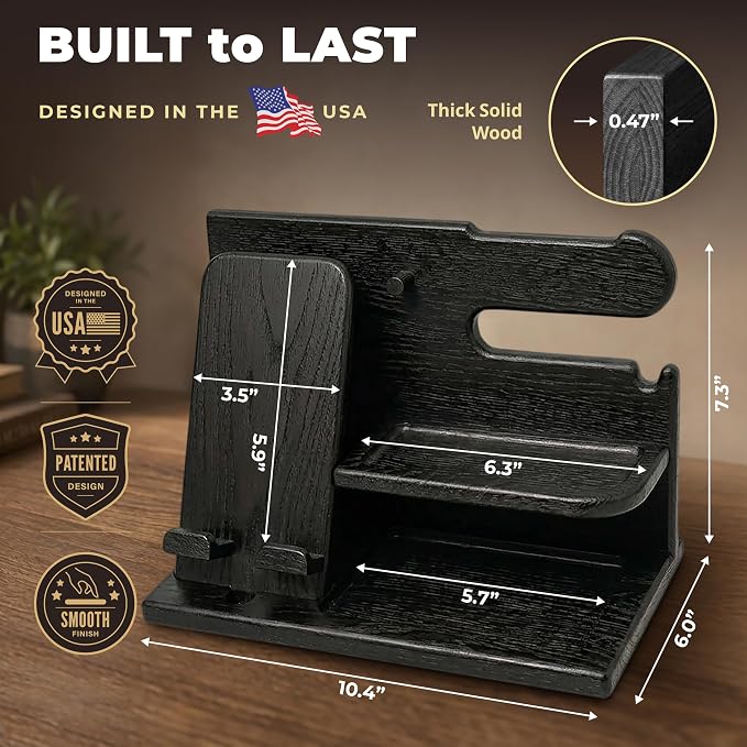 TESLYAR Wood Phone Docking Station for Men - Desk or Nightstand Organizer - Birthday Gifts for Husband, Dad - Anniversary Idea from Wife - Key Holder, Stand Wallet, Watch & Essentials (Granite Black) | Solid Ash Nightstand Organizer with Key Holder, Wa...