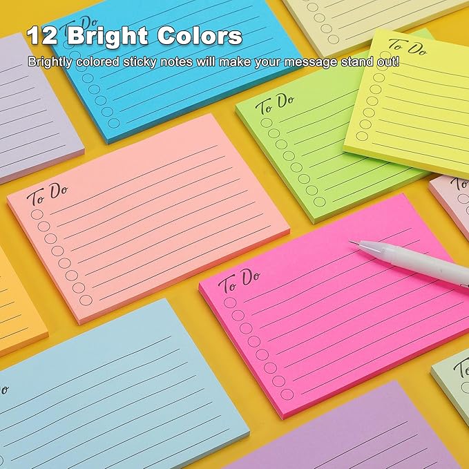 12 Pads to Do List Sticky Notes, 504 Sheets, 3x4 Inch with Line Adhesive Memo, 12 Bright Multi Colors Lined Self-Stick Note Pads, to Do List Notepad, Easy to Use for Home, Office, Notebook