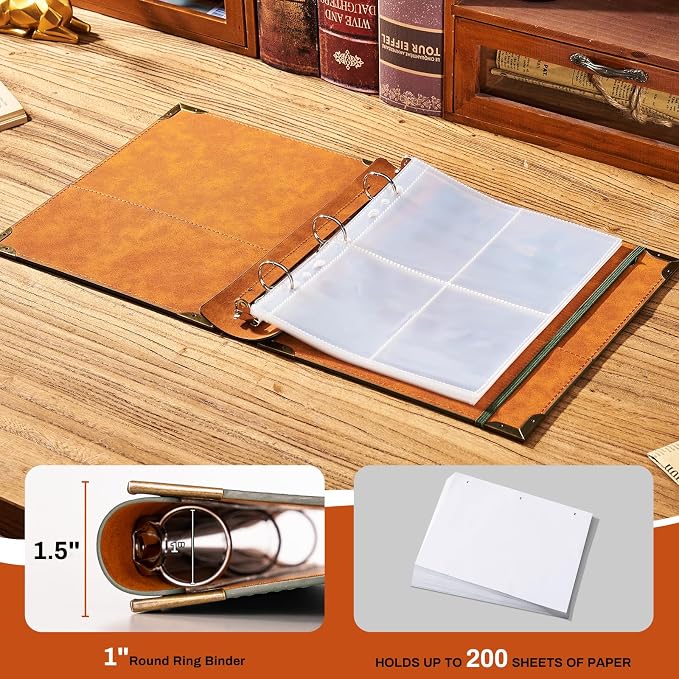 Ovesmusl PU Leather Mini 3 Ring Binder Fits 5.5" X 8.5" A5 Paper, 1 Inch Round Ring Binder Holds 200 Sheets, Notepad Paper Cover Loose Leaf Organizer, Green Tree of Life