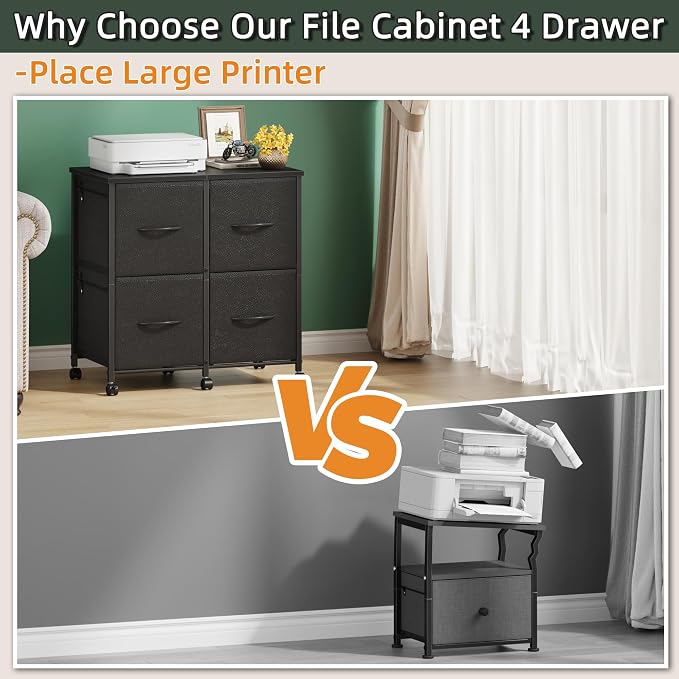 4 Drawer Mobile Lateral File Cabinet 23''W for Large Printer | Sturdy Metal Frame & Wood Top, Holds 50 Lbs, Casters, Fits Letter/A4 Size (No Legal), Fabric Drawer, Black