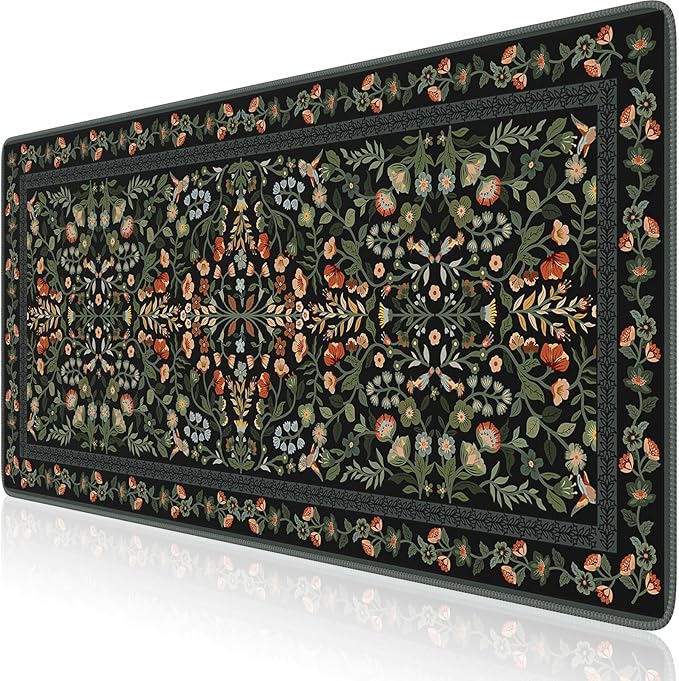 iCasso Floral Desk Mat,Mouse Pad for Office Decor,35.4x15.7in,Black | Back to School Desk Pad Mat, Anti-Slip Big Mousepad with Stitched Edges for Computer Desktop,Smooth Water-Resistant
