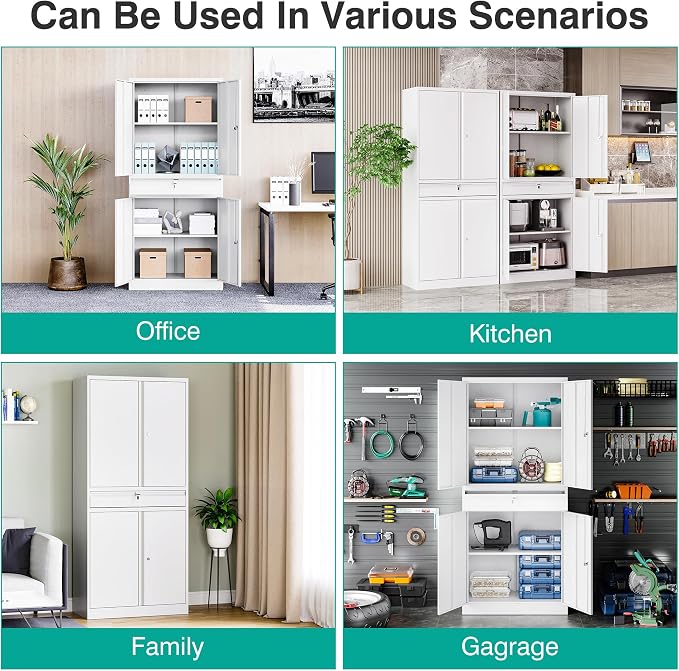 White Metal Storage Cabinet with Drawer and Locks,Garage Storage Cabinet with Locking Doors and Adjustable Shelves,71" Tall Large Metal Cabinets with Magnetic Door for Home,Office,Garage