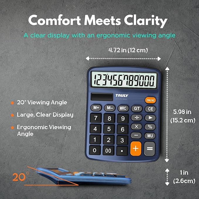 TRULY 12 Digits Desktop Calculator with Large LCD Display and Sensitive Button, Dual Solar Power and Battery, Standard Function for Office, Home, School, Metal Body, 837A Pro Blue