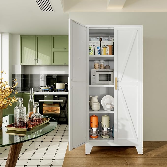 QINPTWUT 61" Metal Storage Cabinet, 4-Tier Kitchen Pantry with 3 Adjustable Shelves, Farmhouse Design Freestanding Cupboard for Kitchen, Bathroom, Laundry, Garage, White