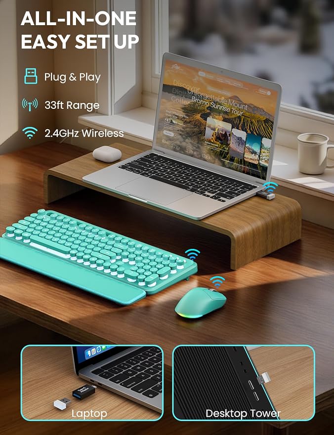 Wireless Keyboard and Mouse, Backlit Typewriter with Magnetic Wrist Rest | Phone Holder, Light Up Round Keycaps, Lighting Mouse, 2.4GHz Cordless Set for Mac, Windows, PC, Laptop, SABLUTE