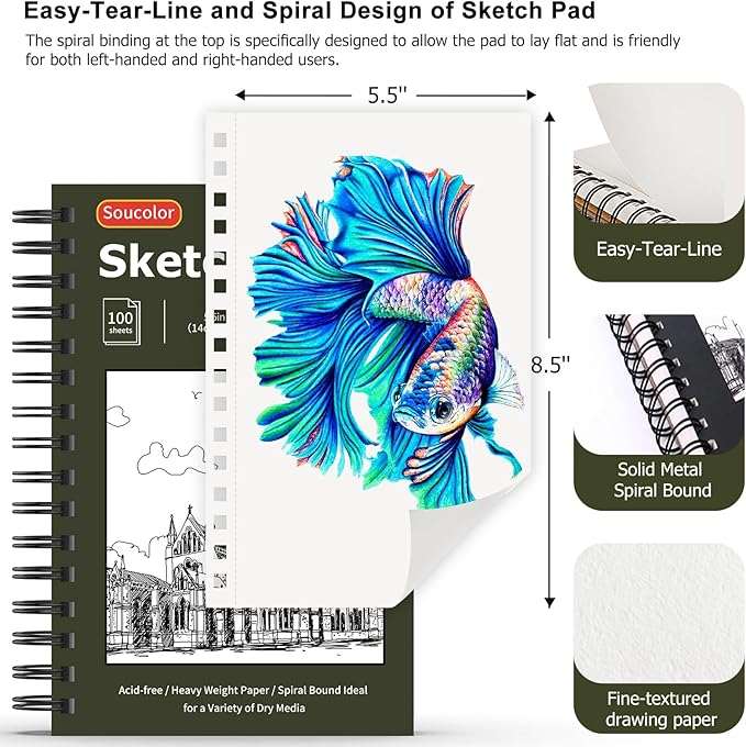 Soucolor 5.5" x 8.5" Sketchbook Pack of 2, 200 Sheets Blank Journal Notebook, A5, Spiral Bound Sketch Pad Drawing Book Acid-Free Paper (68lb/100gsm), Painting Sketching Drawing Notebook Art Supplies