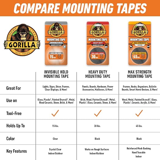 GORILLA Invisible Hold Mounting Tape, Clear, 1" x 150", 1-Pack | Holds up to 15 lbs, Clear Double-Sided Tape for Strong, Permanent Bond, Discreet Adhesive for Classroom and Study Space Setup