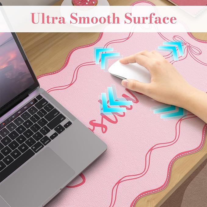 iCasso Pink Mouse Pad, Scalloped Desk Cover Mat, Leather Waterproof Desk Pad Mat for Desktop Protector, Non-Slip XXL Big Mousepad for Computer Keyboard Office Dorm Desk -Stay Positive