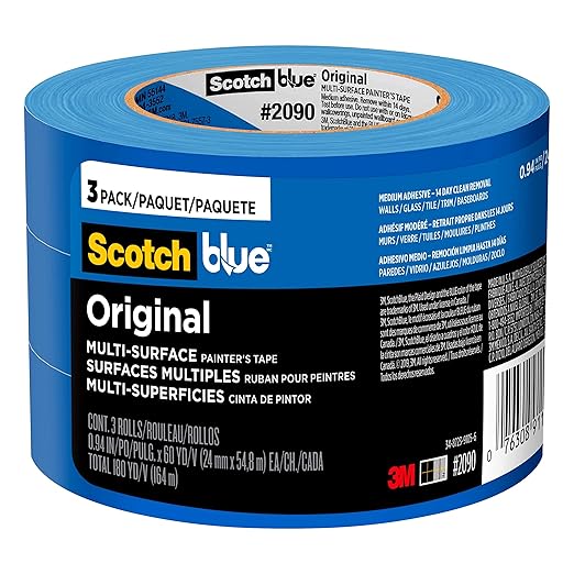 ScotchBlue Original Multi-Surface Painters Tape, 1 Inch Wide (0.94 in. x 60 Yds), 3 Rolls, Blue Paint Tape Protects Surfaces and Removes Easily, Masking Tapes for Indoor and Outdoor Use (2090-24EC3)