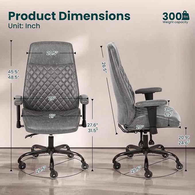 NEO CHAIR Leather Office Chair with Ergonomic Design, Executive Chair Grey | Computer Desk Chair with Lumbar Support, Adjustable Height Arms, Comfy Home Office Chair, Smooth Rolling and Swivel Design