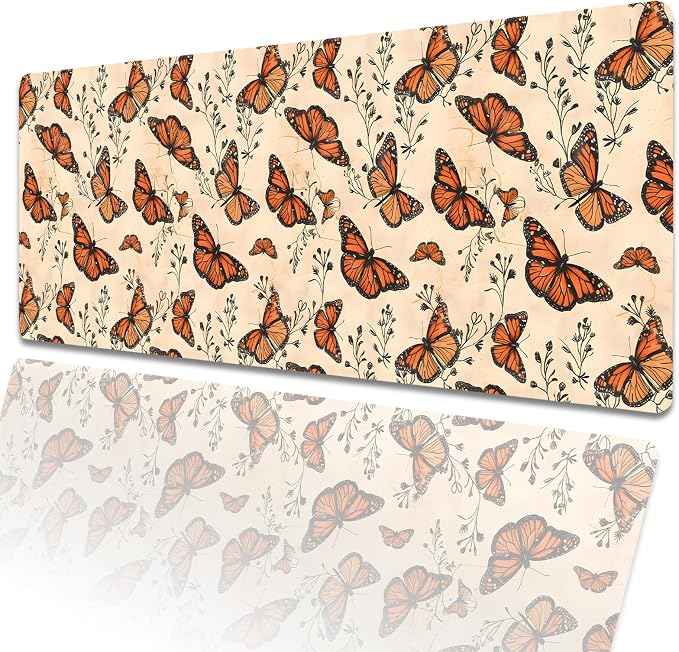 Monarch Butterfly Beige Extended Mouse Pad 31.5x11.8in, Botanical Floral Large Desk Mat with Non-Slip Rubber Base, Big Mousepad for Laptop Computer PC, Gaming Office Home Decor, Deskmat Gifts