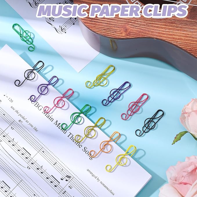 SUMAJU 150 Pcs Music Paper Clips, Music Teacher Gifts | Vinyl-Coated Metal, Rust Resistant, 7 Colors, Note Shape, Strong Grip, Storage Box, For Sheet Music, Books, Office