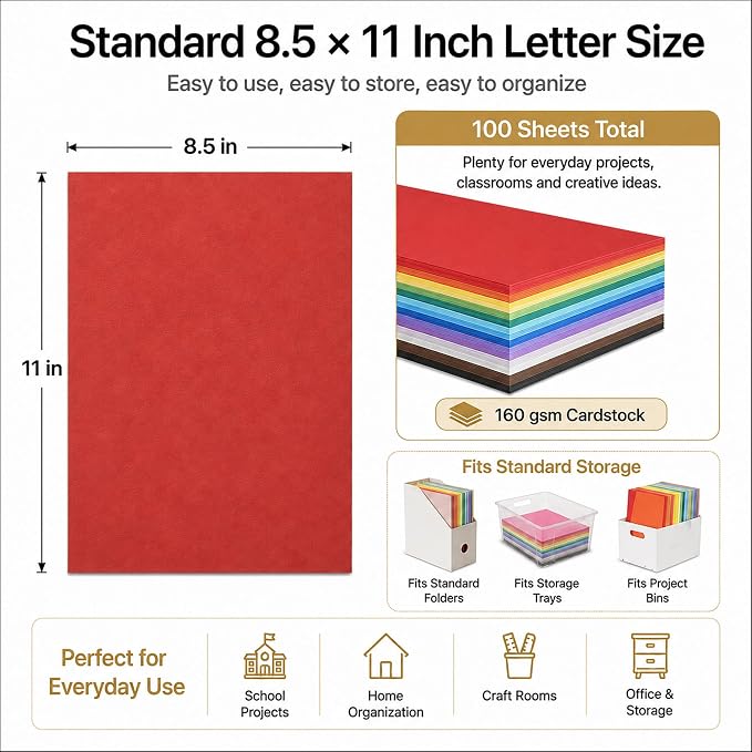 Colored Cardstock 8.5 x 11, 20 Assorted Construction Paper, 60 lb | Cardstock Printer Paper 8.5 x 11, 100 Sheets of Assorted Card Stock for Classroom, Greeting Cards, Scrapbooking and Crafts.