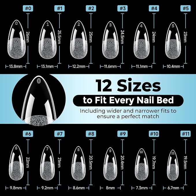 Luckyfairy Medium Almond Nail Tips, 360pcs Soft Gel Pre-Shaped Acrylic Fake Nails, Half Matte Full Cover Clear Gelly Press on Flase Nail Tips for Extension Nail Manicure Home DIY 12 Sizes Gelly Tips