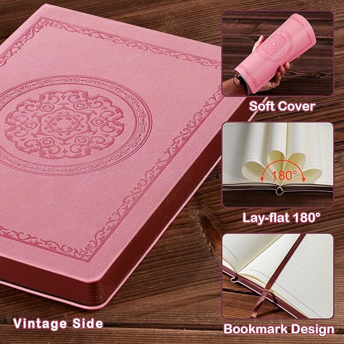 2026 Leather Vintage Journal Notebook,300 Pages,Leather Softcover Lined Journal Notebooks for Women Men,Notebook Journals for Writing Travel,Business,Office,5.7'' X 8.3'',Pink