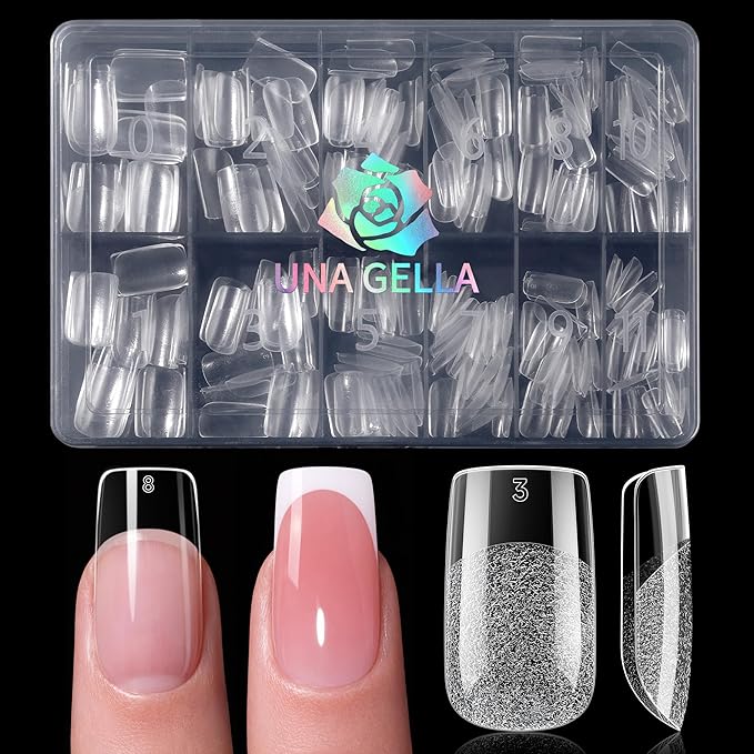 UNA GELLA Square Nail Tips, Short Square Gel Nail Tips, 240pcs Pre Etched Half Matte Soft Gel Press on Nails Full Cover Fake Nails for Nails Extension DIY Salon 12 Sizes At Home