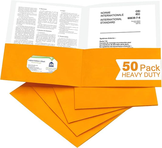 Zzrywuty 50 Packs Two Pocket File Folders with Business Card Slot,Special Paper,Letter Size,Holds 100 Plus Sheets for School,Office,Business,Orange (Orange-50Pcs)