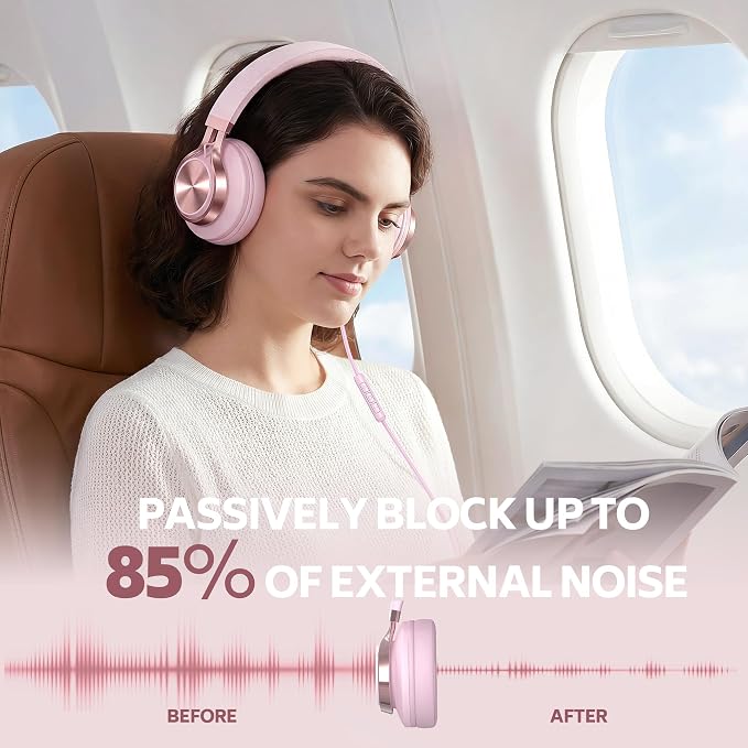 Wired Over-Ear Headphones Pink with Mic for School Work, 3.5mm Jack | Corded Passive Noise Isolating Stereo Headphones with Volume Control, Comfort Protein Leather Earcups for Teens, Women, Girls