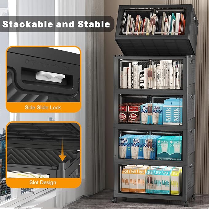 260QT Stackable Storage Bins with Lids,Doors & Wheels | Closet Organizers and Storage Cabinet, Lockable Plastic Foldable Drawers for Bedroom Dorm Office Garage（52QT*5,Black）